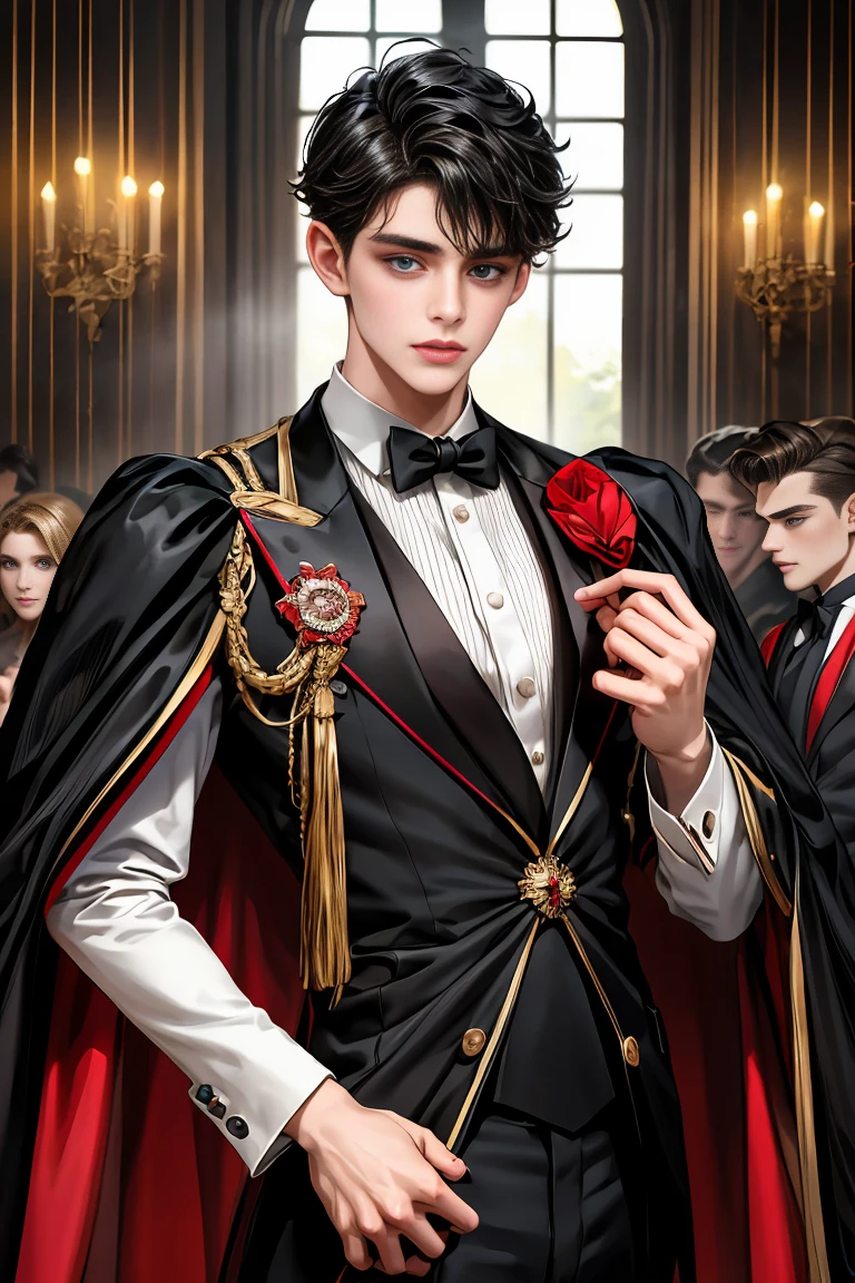 
masterpiece, 最high quality, high quality, 1 boy, alone, Male focus, Watching the audience,  Messy black hair, Adorable big blue eyes, White people, Noble, Noble,Sexy voluminous black and red cape、Tuxedo、A very voluminous, large, very large, very large, long, long red and black cape with a high stand-up collar, reaching down to the floor, made of a lot of fabric., 17 years old,Cute beautiful boys,Cute, cute, kind, handsome guy