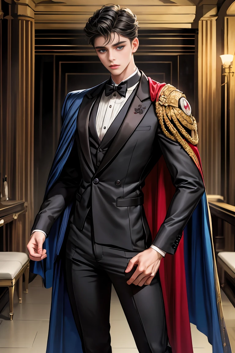 
masterpiece, 最high quality, high quality, 1 boy, alone, Male focus, Watching the audience,  Messy black hair, Adorable big blue eyes, White people, Noble, Noble,Sexy voluminous black and red cape、Tuxedo、A very voluminous, large, very large, very large, long, long red and black cape with a high stand-up collar, reaching down to the floor, made of a lot of fabric., 17 years old,Cute beautiful boys,Cute, cute, kind, handsome guy