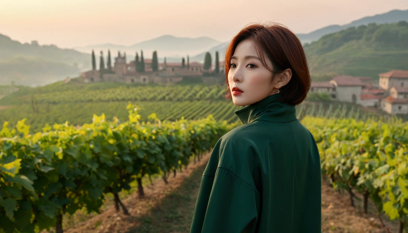 beautiful scenery, 8K Top Quality, Vivid picture quality, 1 woman, Beautiful 36-year-old Korean woman, Chest size 34 inches, Model-level beautiful woman, italian countryside dawn, vineyard, The cathedral can be seen in the distance in a thick fog.. Red sunshine, The background is realistic and vivid quality.., short medium bob hair, sheer turtleneck , Luxury brand windbreaker jacket, Perfect and realistic photos, The background is realistic.. Full body shot with Canon camera 16-35 wide angle lens, expressionless, 짙은 안개가 자욱한 포도원 언덕에서 vineyard을 내려다 보며,, Walking towards the front camera