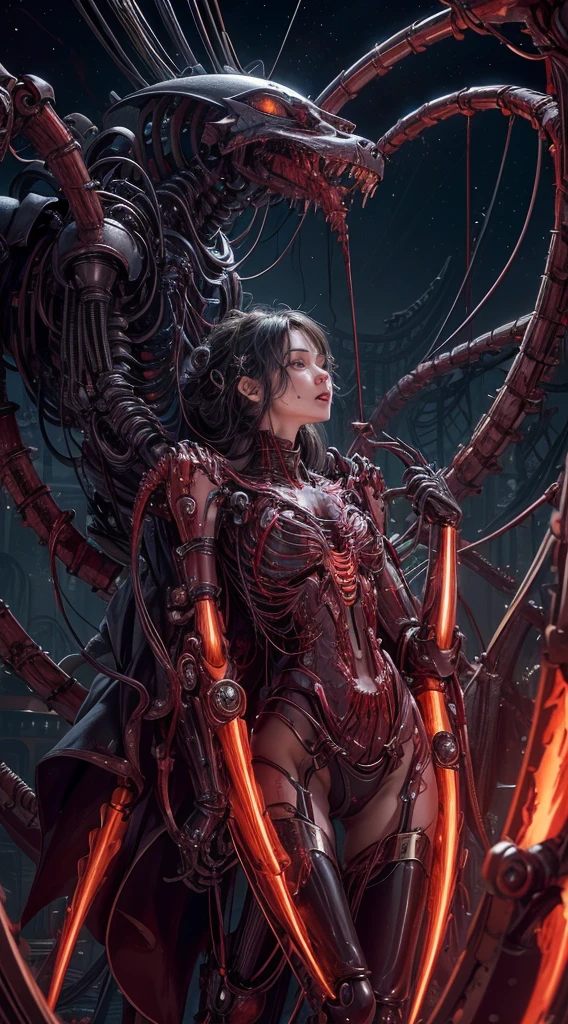 (((masterpiece))), ((Highest quality)), (Super detailed), (CG illustration), (So evil and beautiful)), Cinematic Light, ((1. Mechanical Girl)), single, (Mechanical Arts: 1.4), ((Mechanical Limbs)), (Blood vessel attached to a tube), ((Mechanical spine attached to the back)), ((Mechanical cervical vertebrae attached to the neck), (Back to viewers)), Expressionless, ( Wires and cables connected to the head and torso: 1.5), sf, Apocalypse, Remaining, (Lower body integrated with mechanical device), (Blood: 1.5), Cruelty, Confused, eroticism, Integration with machines, The End Times, Super Future, Inorganic, Research Room, constrained, (Beautiful luxury: 1.2), (1 Girl: 1.3), Body wrapped around the tentacles of a machine