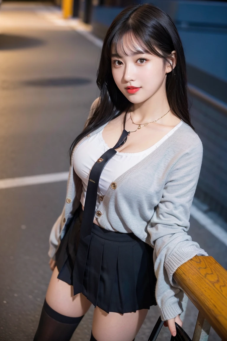 (8K), (Highest quality: 1.2), (Realistic), (Realistic: 1.37), Ultra-high resolution, (1 Girl, cute, smile, Mouth closed, Thick lips,Red lips,Beautiful details, Beautiful Nose, (Straight black hair), Giant Dulcefo, Self Snap,(school uniform),(cardigan),White shirt,tie,Pleated skirt,(Black knee-high socks),Standing in the city at night, From above,Face close-up,Unbutton two shirt buttons,Slightly larger breasts,Thin Necklace,(Medium Shot:1.2),