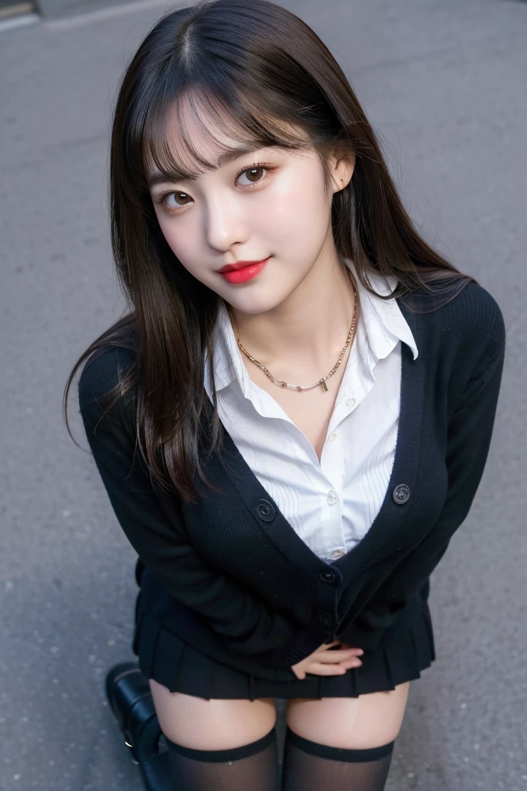 (8K), (Highest quality: 1.2), (Realistic), (Realistic: 1.37), Ultra-high resolution, (1 Girl, cute, smile, Mouth closed, Thick lips,Red lips,Beautiful details, Beautiful Nose, (Straight black hair), Giant Dulcefo, Self Snap,(school uniform),(cardigan),White shirt,tie,Pleated skirt,(Black knee-high socks),Standing in the city at night, From above,Face close-up,Unbutton two shirt buttons,Slightly larger breasts,Thin Necklace,(Medium Shot:1.2),