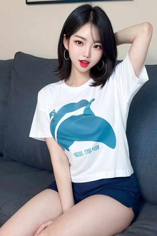 full body, 1 korean girl, strikingly beautiful, black hair, delicate facial features, porcelain skin, red lips,expressive eyes, masterpiece, highest quality, perfect lighting, detailed lighting, dramatic shadow, 1 Korean beautiful mature lady, 24 years old, Voluptuous, plump body type, updo hair, black hair, earrings, (((white crop t-shirt, navy dolphin shorts))), in the livingroom, sitting on the sofa, (lift hands and behind head), smile, ((awe and joy expression)), (((open mouth and tongue out))), from front,