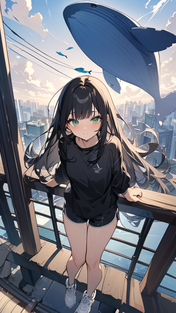 masterpiece, Exquisite detail,Highest quality, One girl, alone, handrail, cloud, Looking up at the buildings,Long Hair, NULL, Long sleeve, sneakers, Power lines, White footwear, Black Hair, View your viewers, Electric pole, bangs, cloudy NULL, fish, bird, Green Eyes, Shorts, Day, Black Shirt, barefoot,Whale flying in the sky,Giant whale