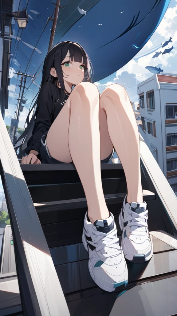 masterpiece, Exquisite detail,Highest quality, One girl, alone, handrail, cloud, Looking up at the buildings,Long Hair, NULL, Long sleeve, sneakers, Power lines, White footwear, Black Hair, View your viewers, Electric pole, bangs, cloudy NULL, fish, bird, Green Eyes, Shorts, Day, Black Shirt, barefoot,Whale flying in the sky,Giant whale