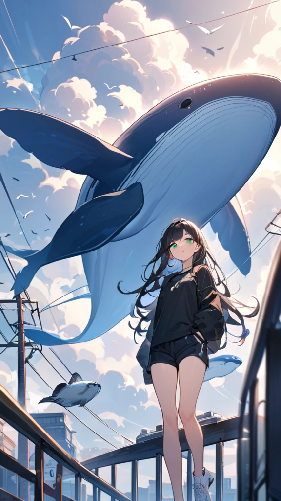 masterpiece, Exquisite detail,Highest quality, One girl, alone, handrail, cloud, Looking up at the buildings,Long Hair, NULL, Long sleeve, sneakers, Power lines, White footwear, Black Hair, View your viewers, Electric pole, bangs, cloudy NULL, fish, bird, Green Eyes, Shorts, Day, Black Shirt, barefoot,Whale flying in the sky,Giant whale