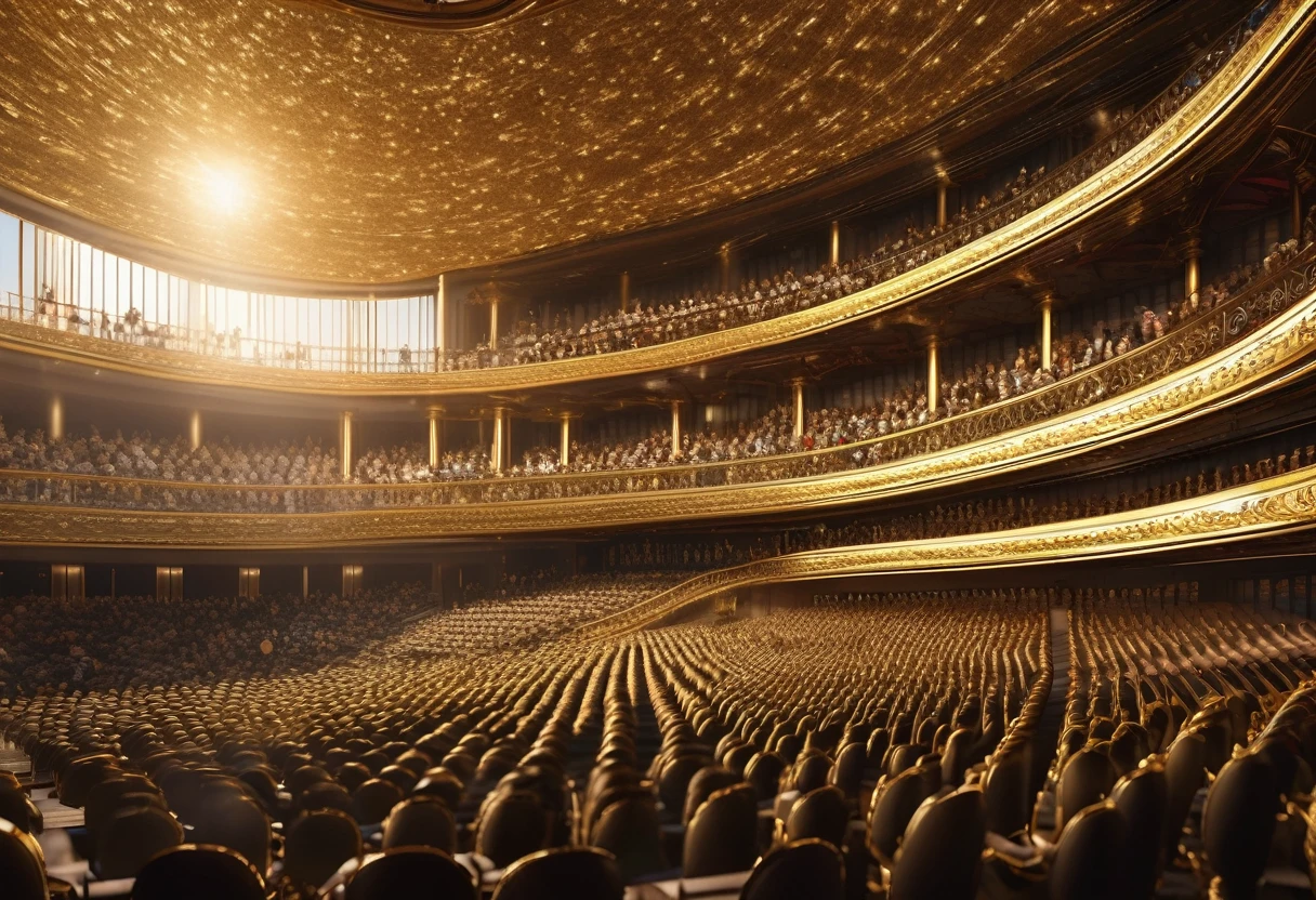gold opera house, crowd, luxury, (Ultra High Resolution: 1.2), (Raw photo: 1.2), (Sharp Focus: 1.3), (Ultra detailed CG unified 8k wallpaper: 1.2), (Realistic, Photorealistic: 1.37)