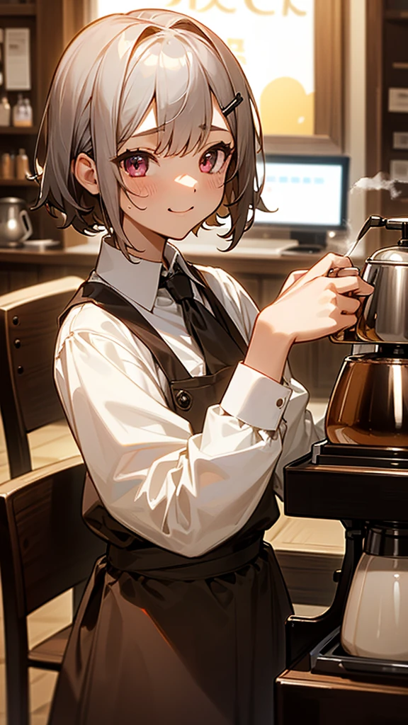 1girl、コーヒーショップで働くgirl、She is making coffee in a machine、Laughing with your mouth open、Upper body close-up、Coffee making、Perfect Face、Expressive eyes、Brown apron、Inside the coffee shop、Silver and bob short hairstyle、Tie your hair up with a hair clip、Pink Eyes、Perfect lighting、Warm colors、Tables and chairs、(Relaxed atmosphere)、White shirt、Barista、(The perfect coffee machine)、Steam coming out of the cup, Delicious coffee