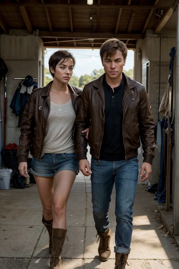 Damon and Zara short hair girl  finish their work and prepare to leave. Damon tosses his jacket over his shoulder, his sturdy boots kicking up dust. Zara ties her short hair back, ready for action. They exchange a final look, a silent acknowledgment of the tasks ahead, before walking out of the garage together, the sun still blazing down on them.
 



