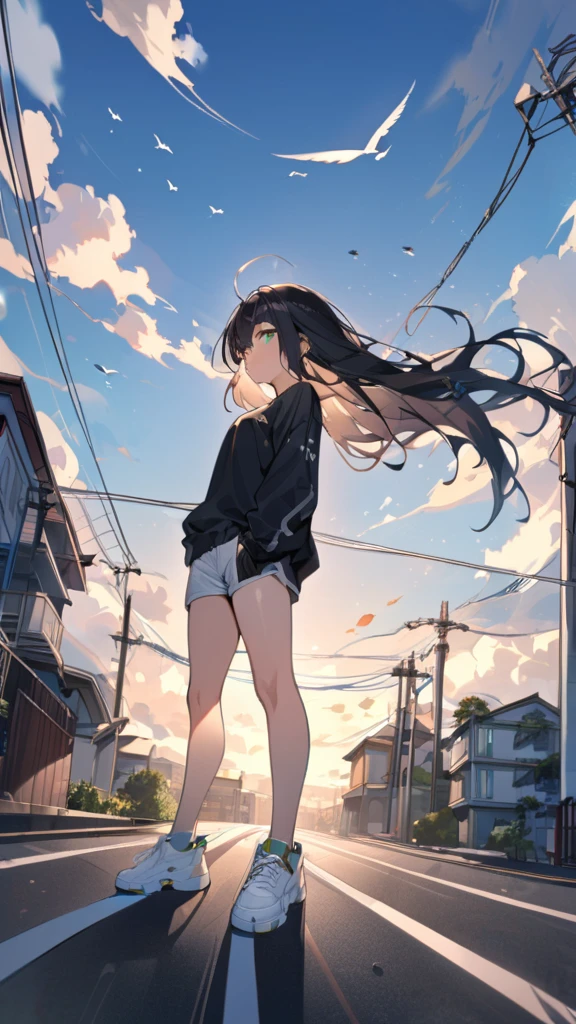 masterpiece, Exquisite detail,Highest quality, One girl, alone, handrail, cloud, Looking up at the buildings,Long Hair, zero, Long sleeve, sneakers, Power lines, White footwear, Black Hair, View your viewers, Electric pole, bangs, cloudy zero, fish, bird, Green Eyes, Shorts, Day, Black Shirt, barefoot,Whale flying in the sky