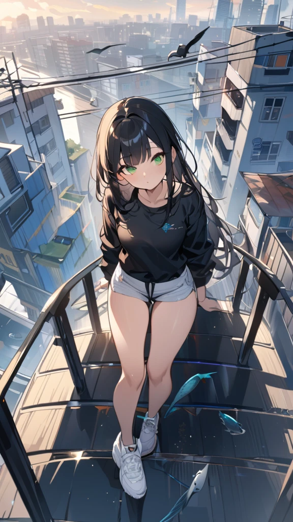 masterpiece, Exquisite detail,Highest quality, One girl, alone, handrail, cloud, Looking up at the buildings,Long Hair, zero, Long sleeve, sneakers, Power lines, White footwear, Black Hair, View your viewers, Electric pole, bangs, cloudy zero, fish, bird, Green Eyes, Shorts, Day, Black Shirt, barefoot,Whale flying in the sky