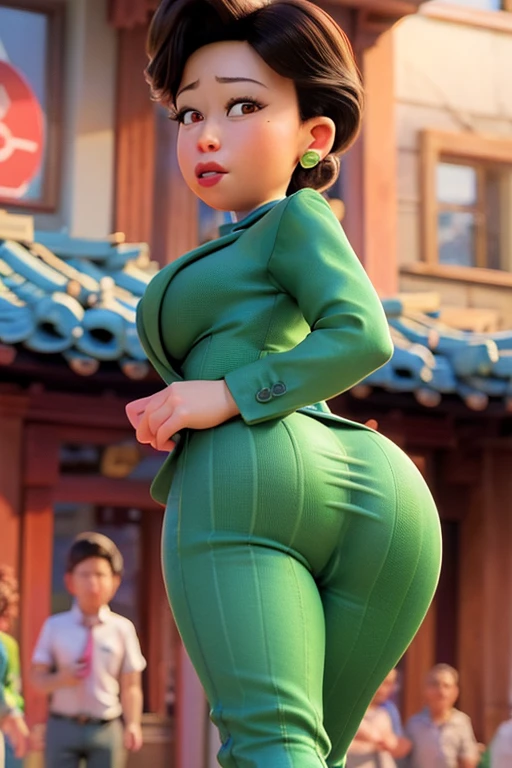 Ming Lee, (8k, RAW photo, best quality, masterpiece:1.2), (intricate details), (best quality), (highres), ((perfect eyes)), perfect face, perfect lighting, vivid colors, intense colors, 1girl, cartoon style, minglee, Big ass, big butt, big thick buttocks, sexy legs , big breast, enhanced cleavage, Extremely tight clothes, pov, Showing huge ass, Exposed ass, naked ass, Green dress