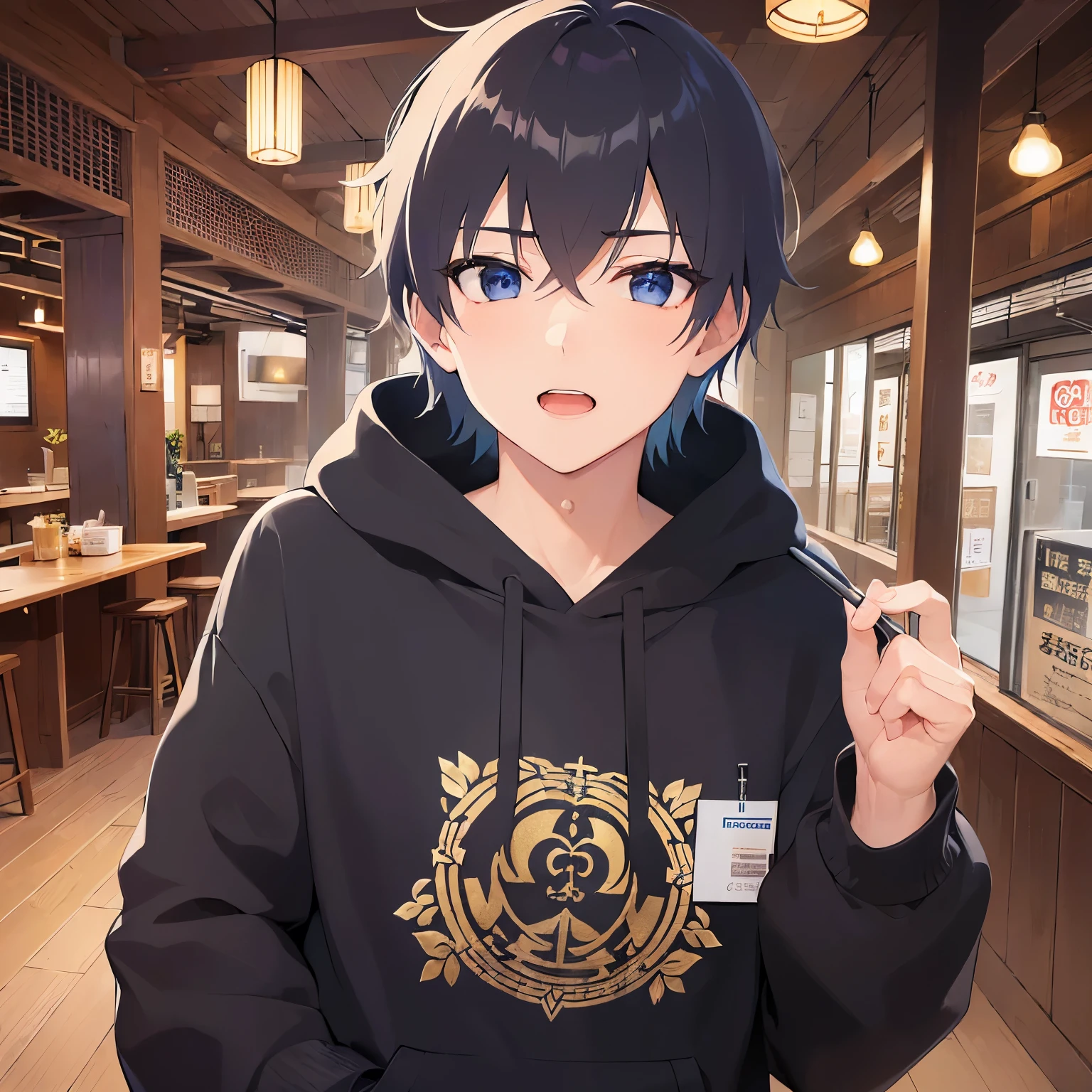 (25-year-old male:1.5) and (Black short hair) and (blue eyes)upper body,(looking at viewer:1.5),Shooting from below、 shiny skin, masterpiece、Highest quality、 black hoodie,confused、 Eyes wide open、The background is the interior of an izakaya at night.、open mouth
