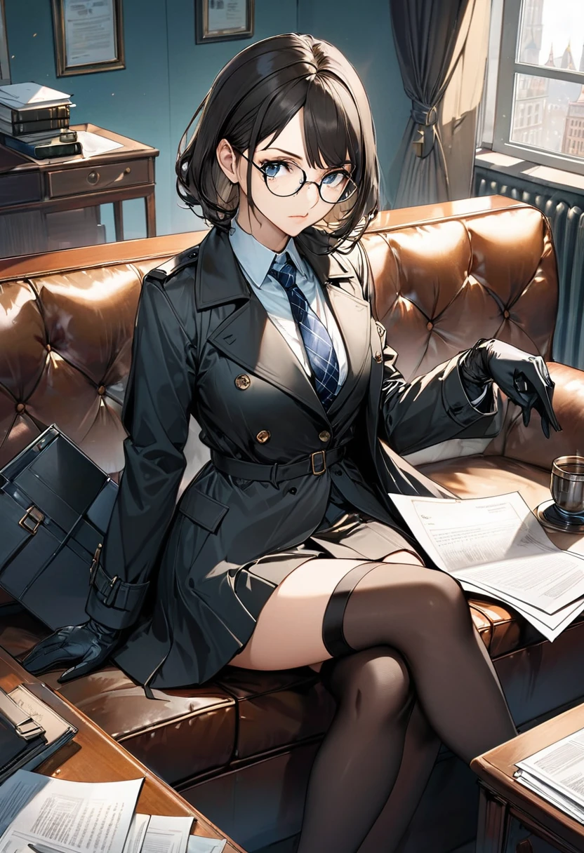 masterpiece, best quality, 16k, absurd, illustration, 1girl ( black trench coat, suit, skirt, glasses, cross-legged, sitting on sofa, gloves, necktie, serious, detective), ( table, papers on table ), window, office background,