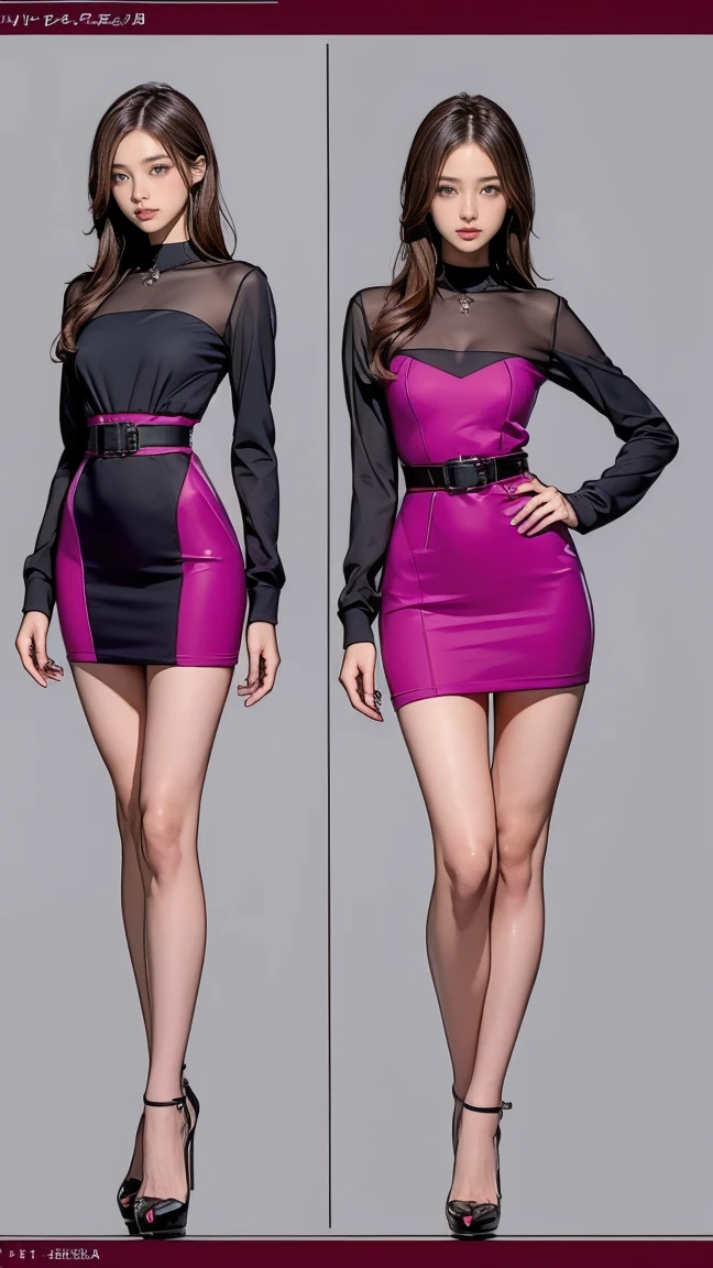 ((masterpiece)),(((Highest quality))),((Character design sheet)),Thin thighs,Long legs,Highest quality,masterpiece,Ultra-high resolution,(Actual:1.4),Original photo,Ultra-high resolution,8K,There are also women,Fair skin,Big wave diamond purple and cool black collaboration dress:1.5,High heels,Long legs:1.5,Bright and beautiful,high waist,Flashy makeup using red eyeshadow,