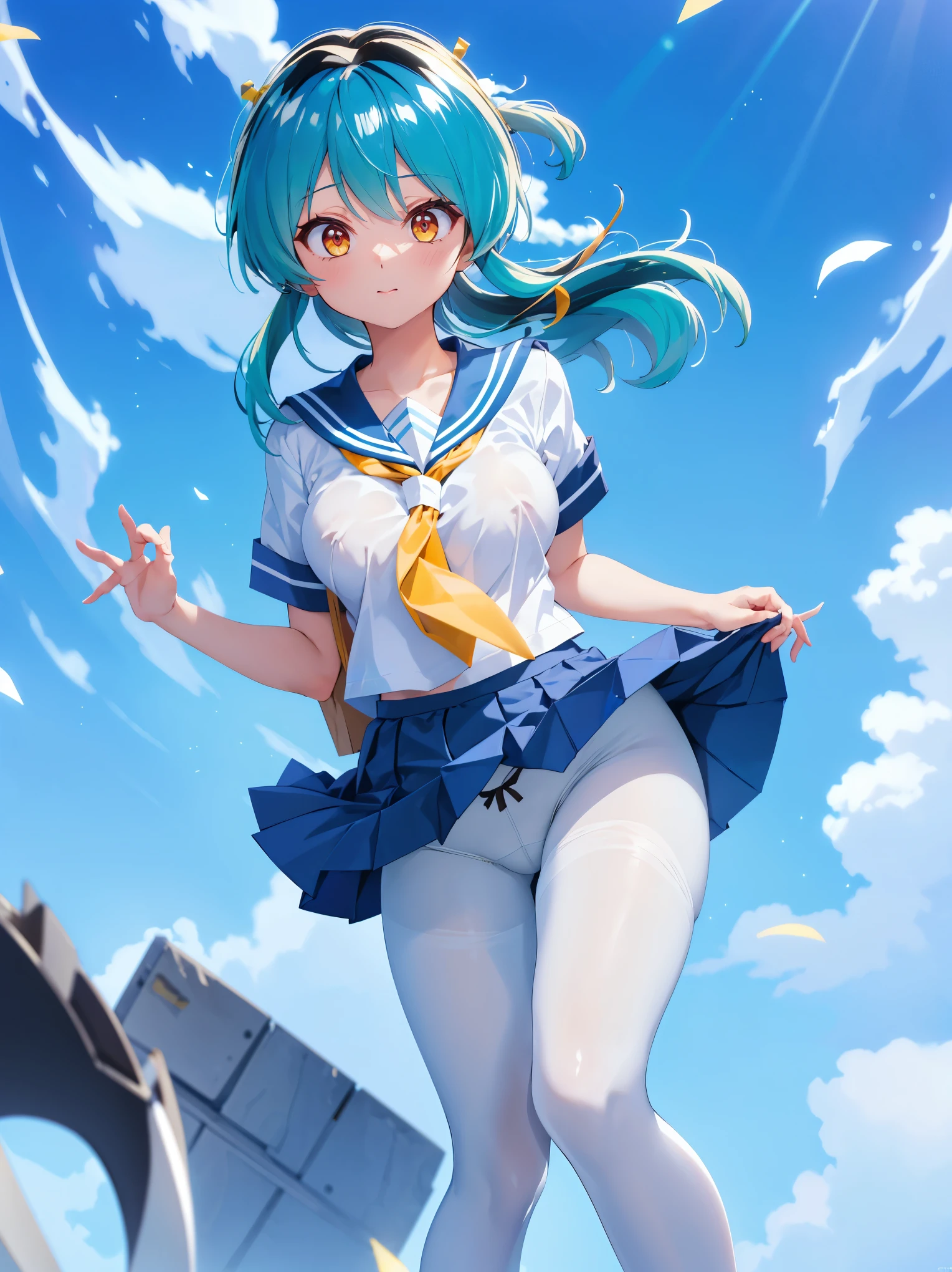 (1 Girl),(high quality), (High resolution), (Very detailed), (8K),(Demolition paperback correct)、Urusei Yatsura、Ram-chan、((White and navy blue sailor suit))、Navy blue pleated skirt、Cute Underwear、((Focus on the whole body))、Nipple Shape、((Black pantyhose))、Hair messed up by the strong wind、Neutral White Lighting,Sexy pose、