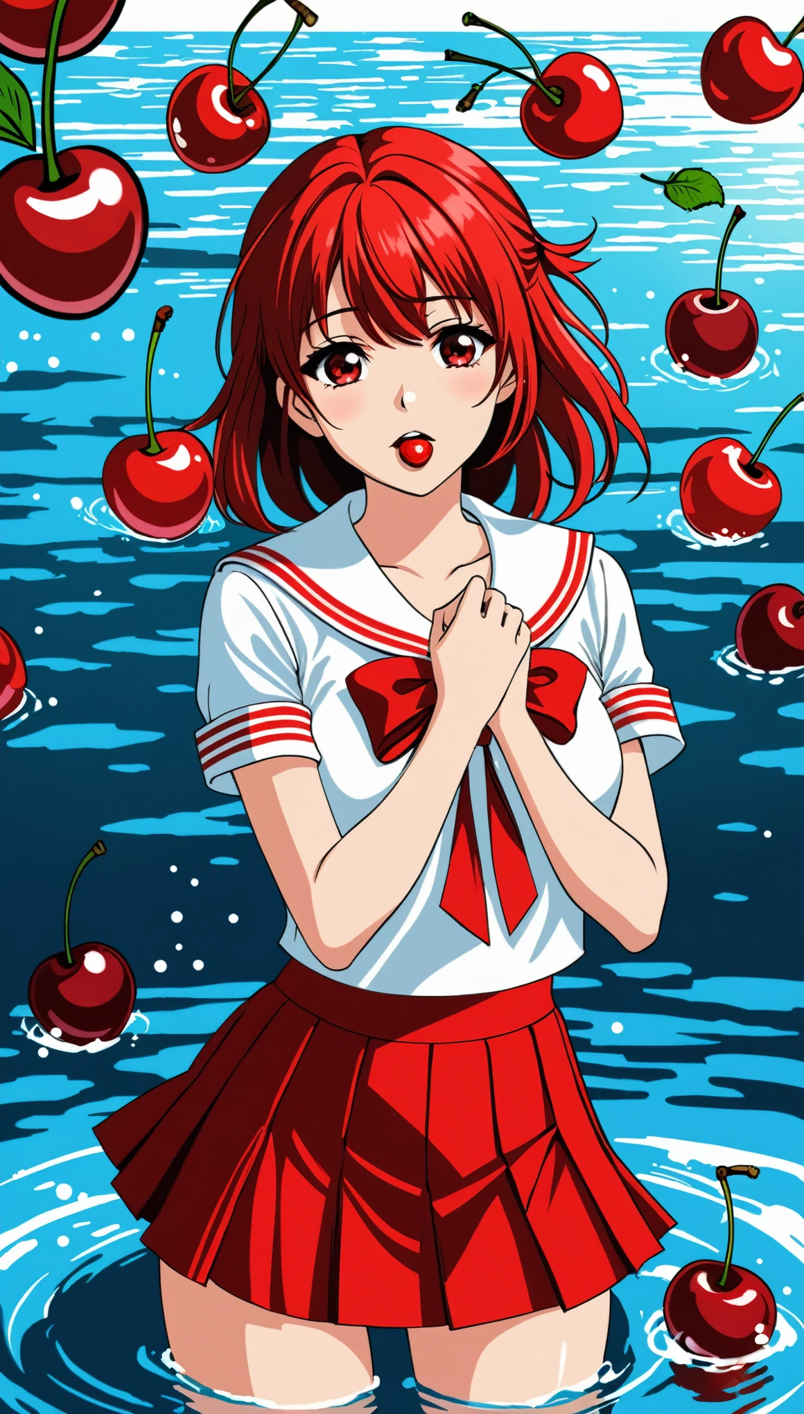 Cherries falling into water background,1 Girl,White sailor suit,Cherry in mouth,Red pleated skirt,Half-body character concept design,Comic Style,Hands in front of chest,looking for the viewer,
