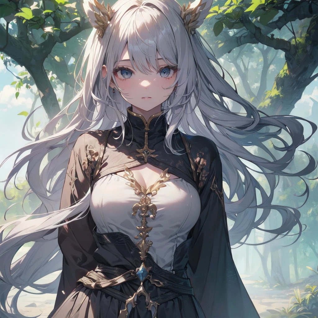 (Highest quality、masterpiece、High resolution、8K)、Vibrant colors、1 female、Long silver hair、whole body、barefoot、thin、(Detailed face、Beautiful Eyes、Beautiful Nose、Pretty lips)、A woman in a white dress jumps high、Official Art、blue sky,Wide forest、