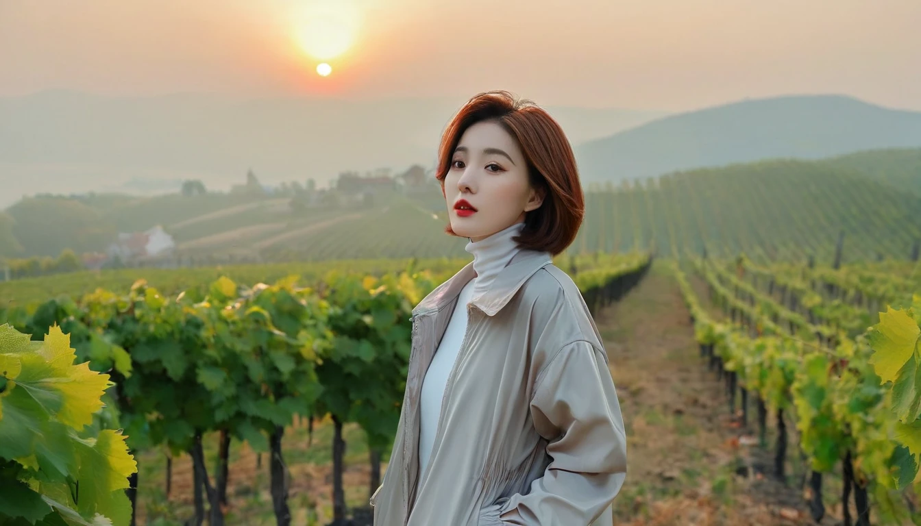 beautiful scenery, 8K Top Quality, Vivid picture quality, 1 woman, Beautiful 36-year-old Korean woman, Chest size 34 inches, Model-level beautiful woman, italian countryside dawn, vineyard, The cathedral can be seen in the distance in a thick fog.. Red sunshine, The background is realistic and vivid quality.., short medium bob hair, sheer turtleneck , Luxury brand windbreaker jacket, Perfect and realistic photos, The background is realistic.. Full body shot with Canon camera 16-35 wide angle lens, expressionless, 짙은 안개가 자욱한 포도원 언덕에서 vineyard을 내려다 보며,, Walking towards the front camera