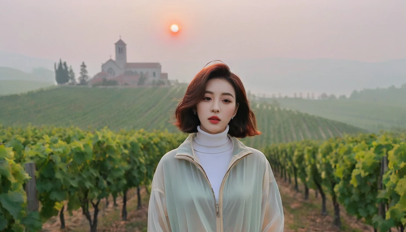 beautiful scenery, 8K Top Quality, Vivid picture quality, 1 woman, Beautiful 36-year-old Korean woman, Chest size 34 inches, Model-level beautiful woman, italian countryside dawn, vineyard, The cathedral can be seen in the distance in a thick fog.. Red sunshine, The background is realistic and vivid quality.., short medium bob hair, sheer turtleneck , Luxury brand windbreaker jacket, Perfect and realistic photos, The background is realistic.. Full body shot with Canon camera 16-35 wide angle lens, expressionless, 짙은 안개가 자욱한 포도원 언덕에서 vineyard을 내려다 보며,, Walking towards the front camera