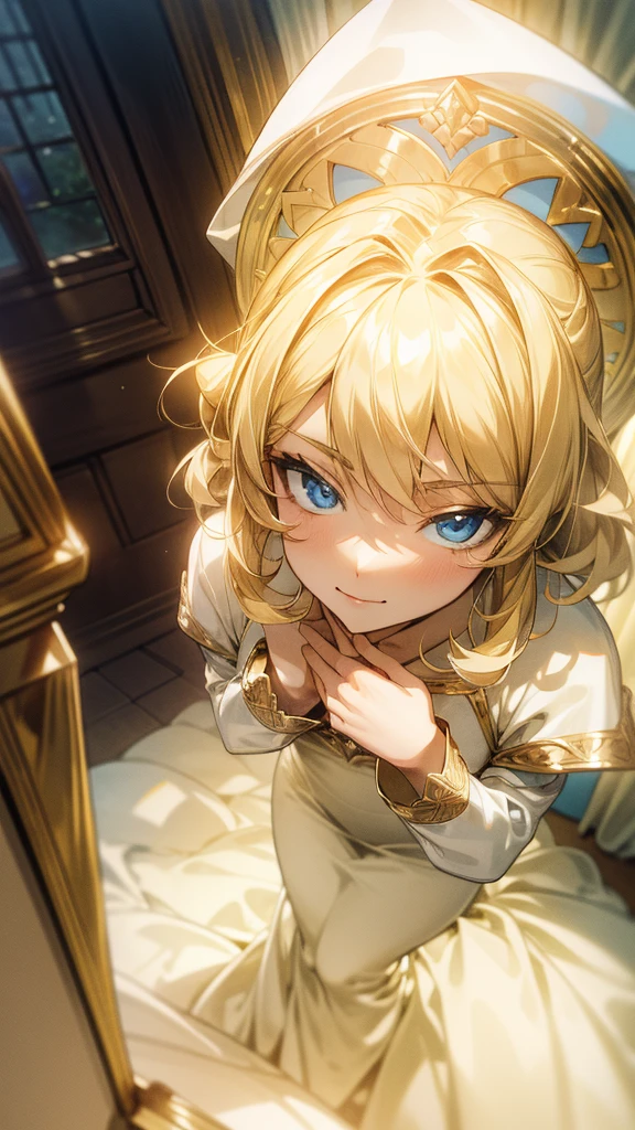 (masterpiece), (HD), pov, from above, blonde hair, (regal white and gold dress), intricately design, blue eyes, royal chamber, window, curtains, moonlight, night, smirk, hand on chest, 