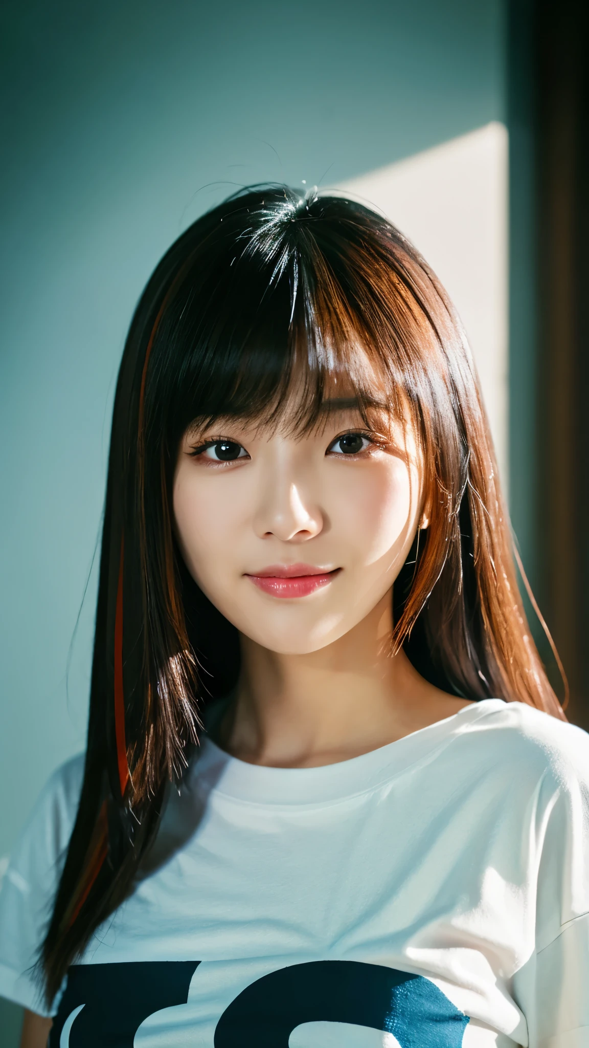 close-up of beautiful korean female, 34 inch breasts size, swept bangs, streaked hair, wearing crop t-shirt , bell, fingersmile, cinematic lighting, retina