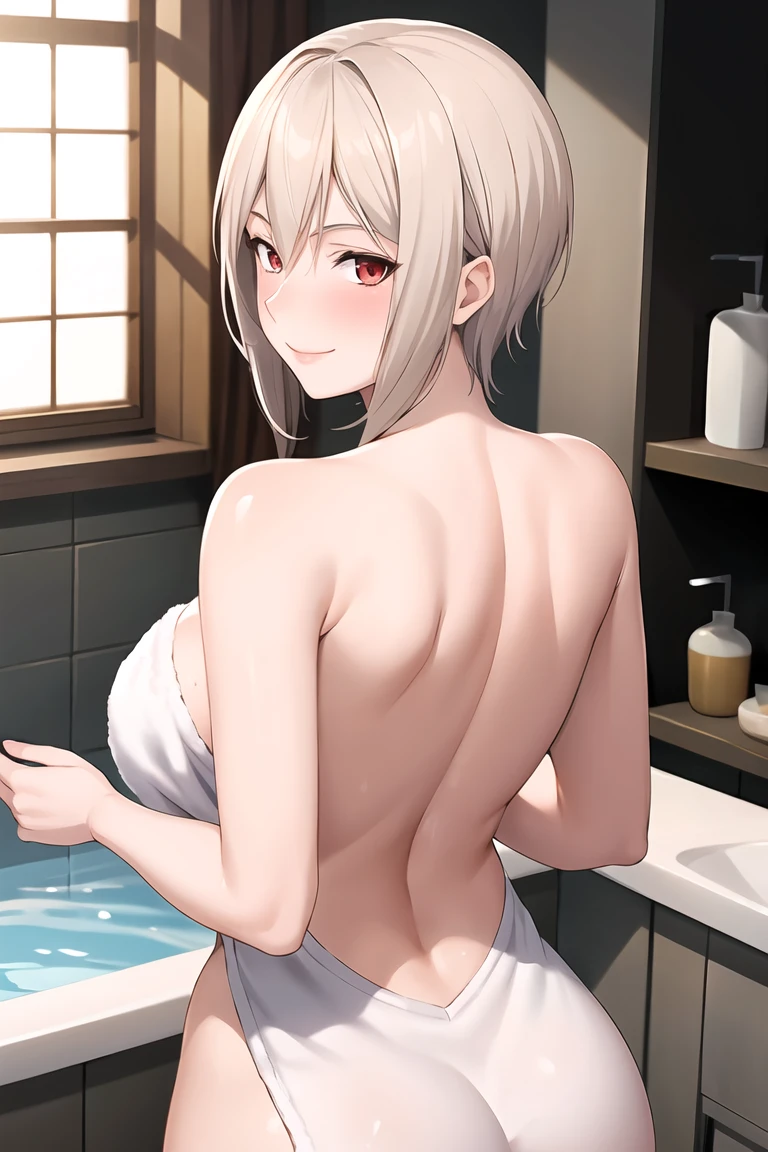masterpiece, best quality, AliceKV4, 1girl, solo, looking at viewer, smile, parody, anime coloring, ((upper body)), big breasts, indoors, nude, towel, bath, bathroom, towel bath, blush, ass, big ass, back