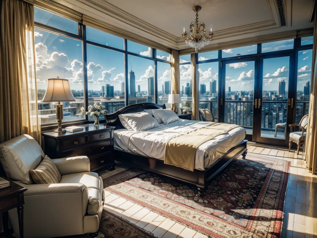 8K ultra high definition pictures real photos,sun sunshine blue sky white clouds,Circular glass house,Glass House,There is a big golden bed in the room,There is a table here,TV,There is a bookcase,curtain,carpet,Terrace,Rooftop,Bookcase bookshelf,Large glass windows all around,Overlooking the panoramic view,The most important thing is to have a big bed,Outside the window is the city scenery and tall buildings