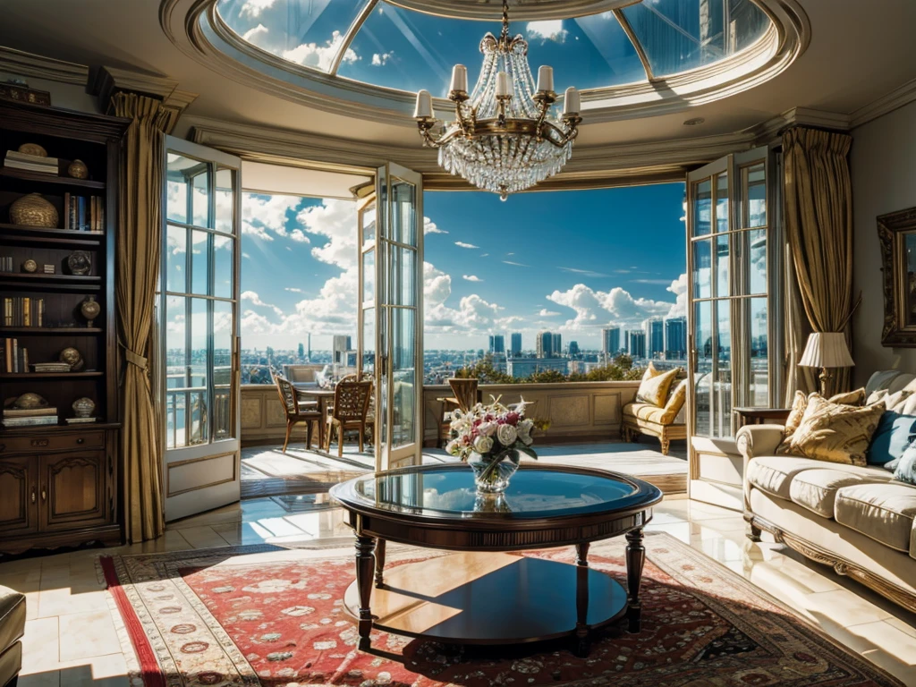 8K ultra high definition pictures real photos,sun sunshine blue sky white clouds,Circular glass house,Glass House,There is a big golden bed in the room,There is a table here,TV,There is a bookcase,curtain,carpet,Terrace,Rooftop,Bookcase bookshelf,Large glass windows all around,Overlooking the panoramic view,The most important thing is to have a big bed,Outside the window is the city scenery and tall buildings