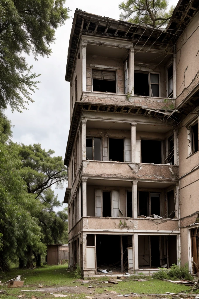 In an abandoned area is seen a large house that has not been inhabited for a long time. The roof of the house appears to have holes. There is also a small tree growing in the crack in the wall of the house.
