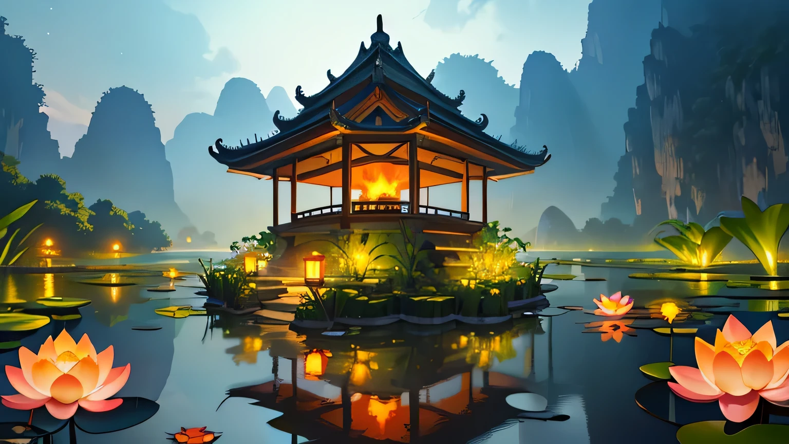 A pond with blooming lotus flowers, Bamboo fire torches by the pond, boat, Ninh Binh scenery, Vietnam, Tam Coc, Big Don, Karst topography, Centered, Symmetric, I drew, Complex, Volumetric lighting, beautiful, A masterpiece of deep colour, Sharp focus, Super detailed, Dan Mumford and Mark Simonetti's style, Astrophotography, Bright moonlight. --automatic