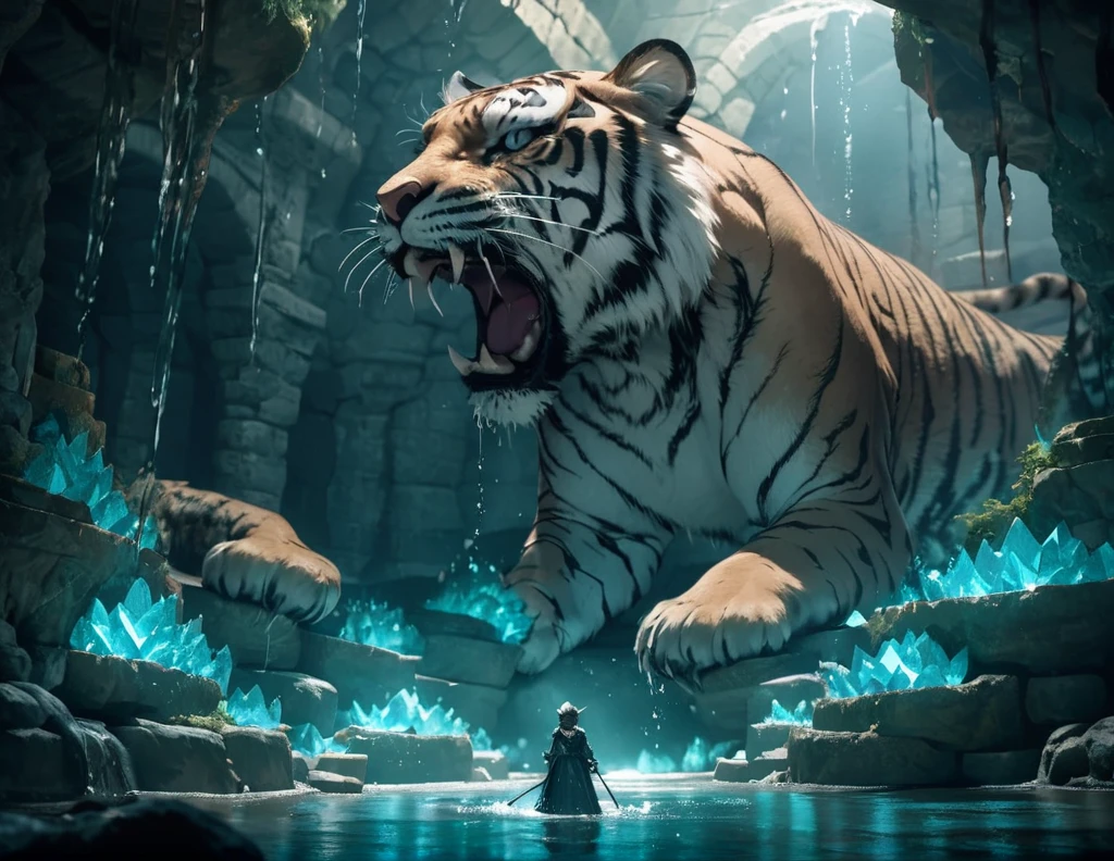 Grotto Room,(((Full of crystals)))tiger,water flow,The light is very dark,magic(((Horror atmosphere)))(((masterpiece))), ((best quality)), ((intricate details)), ((Surrealism))(8K)