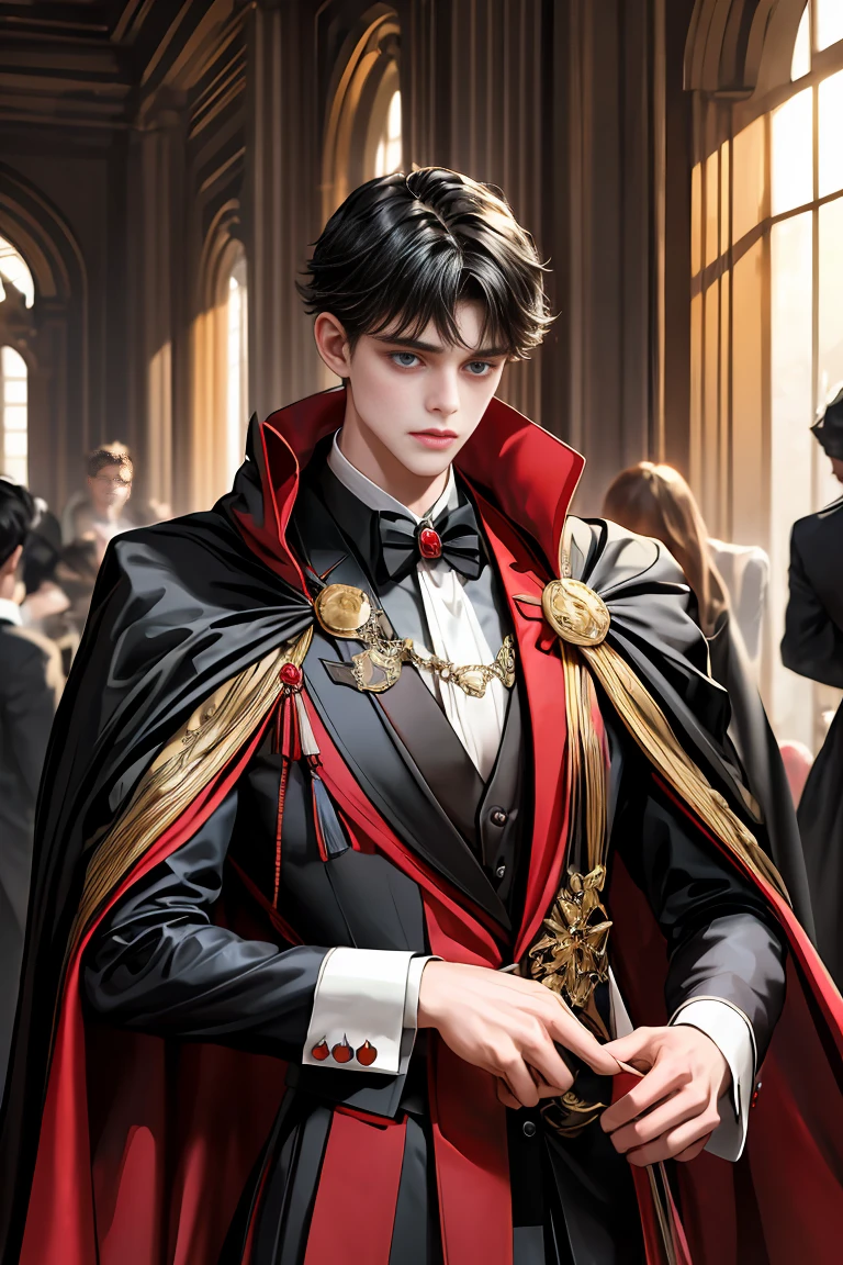 
masterpiece, 最high quality, high quality, 1 boy, alone, Male focus, Watching the audience,  Messy black hair, Adorable big blue eyes, White people, Noble, Noble,Sexy voluminous black and red cape、Tuxedo、A very voluminous, large, very large, very large, long, long red and black cape with a high stand-up collar, reaching down to the floor, made of a lot of fabric., 17 years old,Cute beautiful boys,Cute, cute, kind, handsome guy