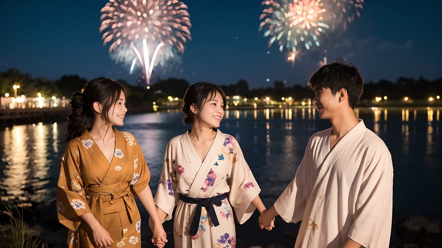 Fireworks Night、Many fireworks are launched from the riverbank in the background.。The 25-year-old man was wearing a simple brown jinbei.、The woman is and is wearing a floral yukata.。The man is tall、They are holding hands, blushing and looking at each other。