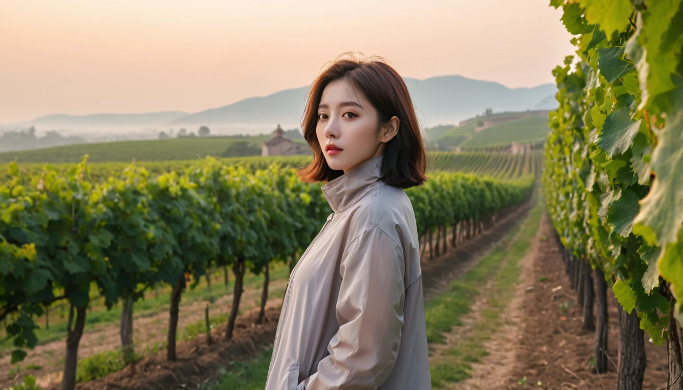 beautiful scenery, 8K Top Quality, Vivid picture quality, 1 woman, Beautiful 36-year-old Korean woman, Chest size 34 inches, Model-level beautiful woman, italian countryside dawn, vineyard, The cathedral can be seen in the distance in a thick fog.. Red sunshine, The background is realistic and vivid quality.., short medium bob hair, sheer turtleneck , Luxury brand windbreaker jacket, Perfect and realistic photos, The background is realistic.. Full body shot with Canon camera 16-35 wide angle lens, expressionless, 짙은 안개가 자욱한 포도원 언덕에서 vineyard을 내려다 보며,, Walking towards the front camera