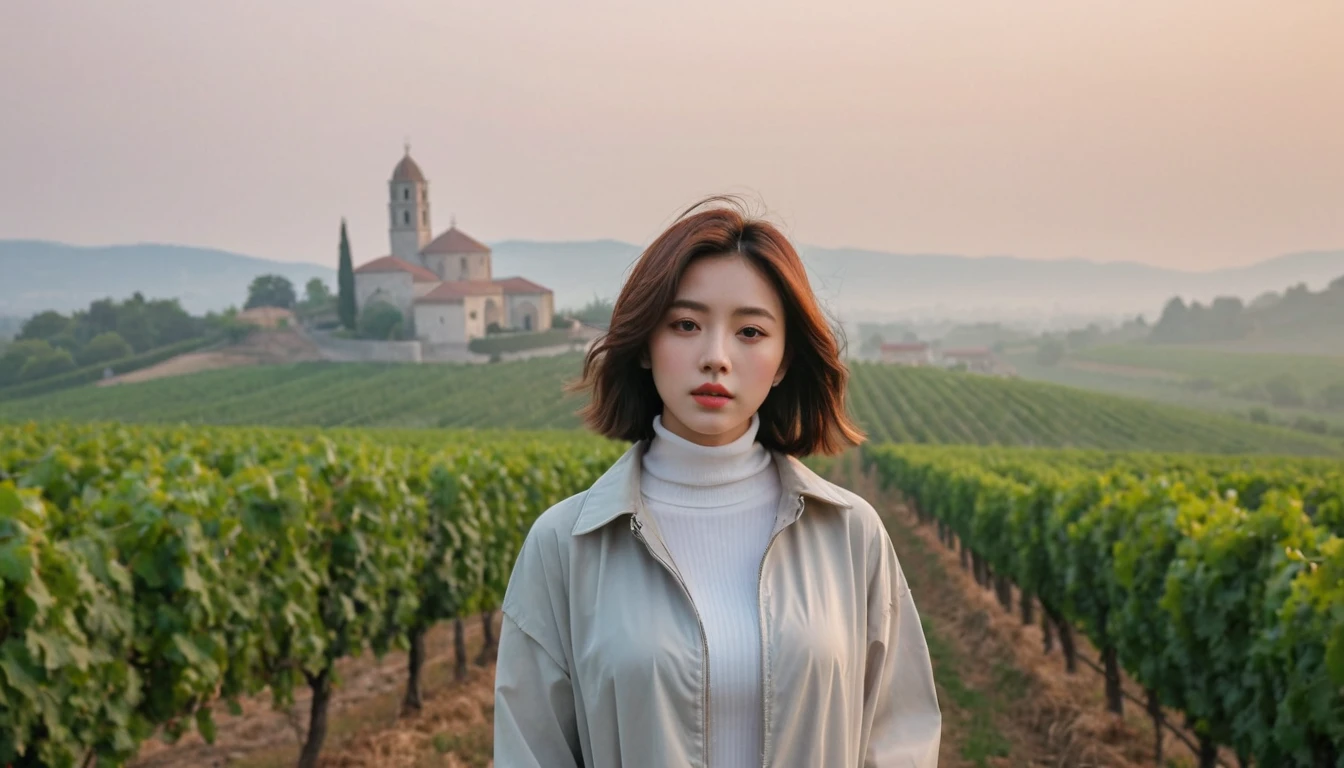beautiful scenery, 8K Top Quality, Vivid picture quality, 1 woman, Beautiful 36-year-old Korean woman, Chest size 34 inches, Model-level beautiful woman, italian countryside dawn, vineyard, The cathedral can be seen in the distance in a thick fog.. Red sunshine, The background is realistic and vivid quality.., short medium bob hair, sheer turtleneck , Luxury brand windbreaker jacket, Perfect and realistic photos, The background is realistic.. Full body shot with Canon camera 16-35 wide angle lens, expressionless, 짙은 안개가 자욱한 포도원 언덕에서 vineyard을 내려다 보며,, Walking towards the front camera