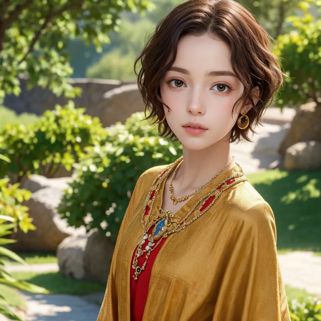 masterpiece, best quality, 8k, super detailed skin, looking off into the distance, jealous, cute, 1girl, short hair, wearing boubou, a secret society of time travelers, 