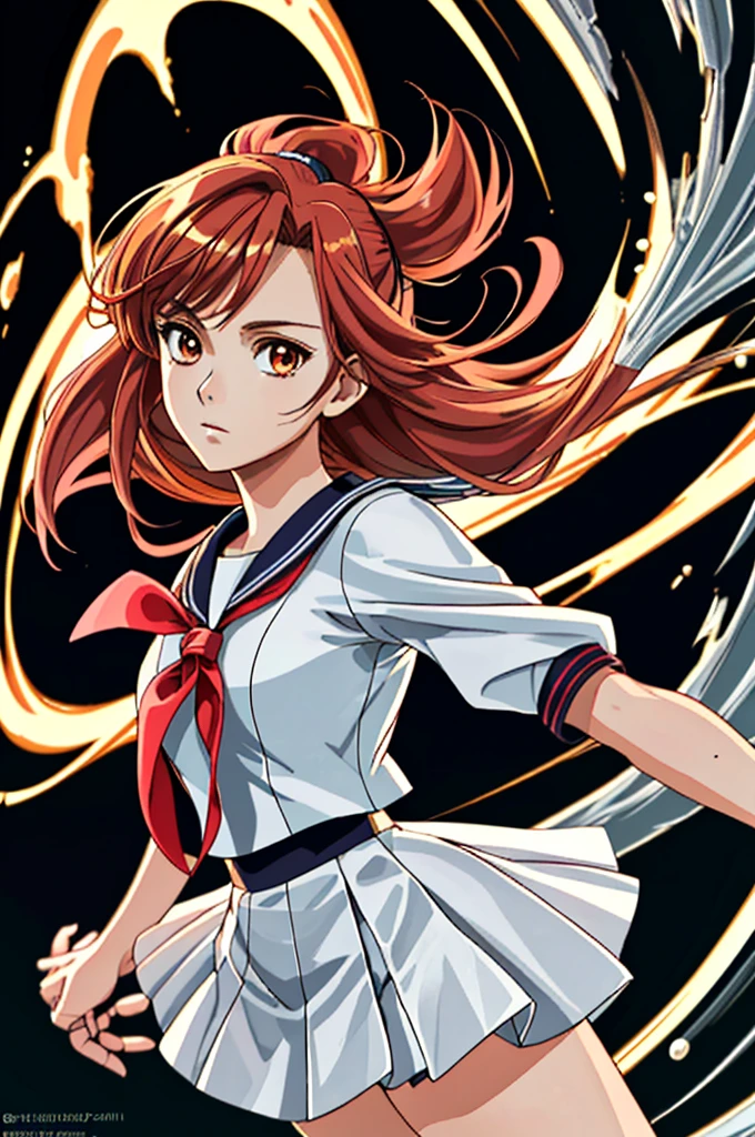 Highest quality,High resolution,((Tokimeki Memorial)) ,One person,(gun),(Shiori Fujisaki),(Sailor suit),woman,One personで,Young Girl,(Red_Hair Color),strongest,Anime Style,(Limbs),(Full Finger),(Accurate fingertips), (The finer details), (Super detailed),4K,(high resolution),whole body, (Front angle), Looking at the camera,masterpiece,(Subtle details),(Intricate details),Octane Rendering,(Hyper Detail),