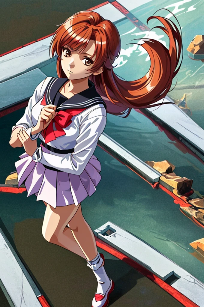 Highest quality,High resolution,((Tokimeki Memorial)) ,One person,(gun),(Shiori Fujisaki),(Sailor suit),woman,One personで,Young Girl,(Red_Hair Color),strongest,Anime Style,(Limbs),(Full Finger),(Accurate fingertips), (The finer details), (Super detailed),4K,(high resolution),whole body, (Front angle), Looking at the camera,masterpiece,(Subtle details),(Intricate details),Octane Rendering,(Hyper Detail),