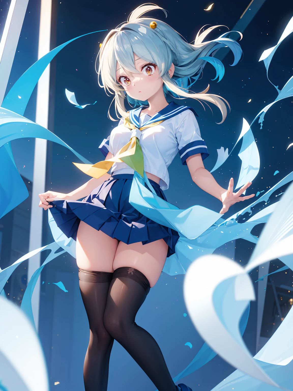 (1 Girl),(high quality), (High resolution), (Very detailed), (8K),(Demolition paperback correct)、Urusei Yatsura、Ram-chan、((White and navy blue sailor suit))、Navy blue pleated skirt、Cute Underwear、((Focus on the whole body))、Nipple Shape、((Black knee-high stockings))、Hair messed up by the strong wind、Neutral White Lighting,Sexy pose、