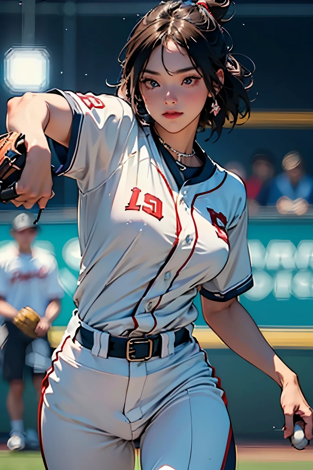 Female Baseball Playeratch highlights、(A female baseball pitcher pitching underhand:1.4)、Baseball Gloves、Baseball、dynamic、Full body close-up shot、Dynamic Scene、high detail shot, 非常にdetailedな公式アートワーク, 8Kdetailed, (detailed、masterpiece、Highest quality)、