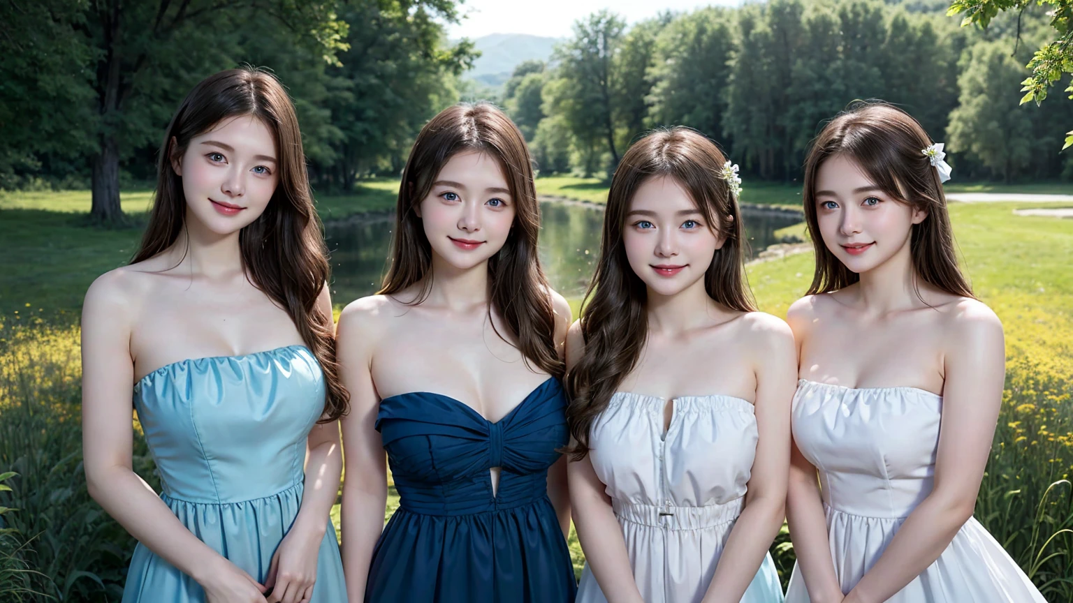 (3 girls), young face, ,smile, white skin, Round breast, blue eyes,((Wear a strapless dress that shows off your breasts..))Masterpiece, Highest quality, 8K, beautiful girl, young face、 photography, Cute face, thigh,In the meadow, Embarrassing、รอยsmile、((((((อายุ 10 years)))mall waist、(((round chest))) ((big breasts))