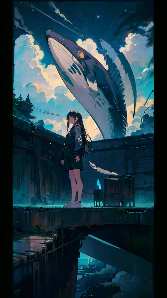 masterpiece, Exquisite detail,Highest quality, One girl, alone, handrail, cloud, Looking up at the buildings,Long Hair, NULL, Long sleeve, Power lines, White footwear, Black Hair, View your viewers, Electric pole, bangs, cloudy NULL, fish, bird, Green Eyes, Shorts, Day, Black Shirt, barefoot,Whale flying in the sky,Giant whale,night,Star,milky way,night,Pitch black,Buildings,Sitting, High quality anime art style，Standing painting，Splash ink background，Blue Themes,Clear Face,Distinct facial features,Well-defined facial features,cute,beautiful