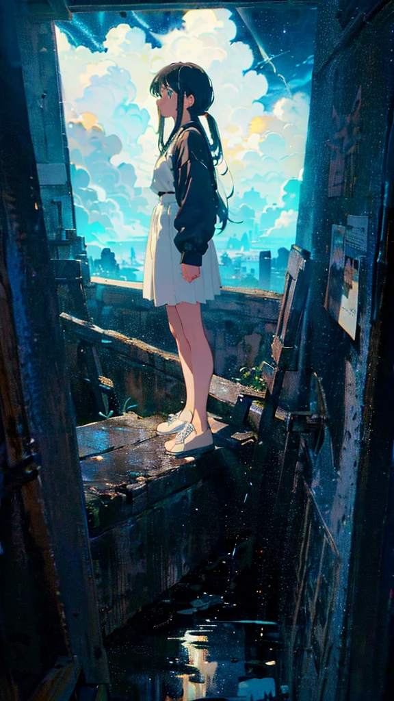 masterpiece, Exquisite detail,Highest quality, One girl, alone, handrail, cloud, Looking up at the buildings,Long Hair, NULL, Long sleeve, Power lines, White footwear, Black Hair, View your viewers, Electric pole, bangs, cloudy NULL, fish, bird, Green Eyes, Shorts, Day, Black Shirt, barefoot,Whale flying in the sky,Giant whale,night,Star,milky way,night,Pitch black,Buildings,Sitting, High quality anime art style,Standing painting,Splash ink background,Blue Themes,Clear Face,Distinct facial features,Well-defined facial features,cute,beautiful