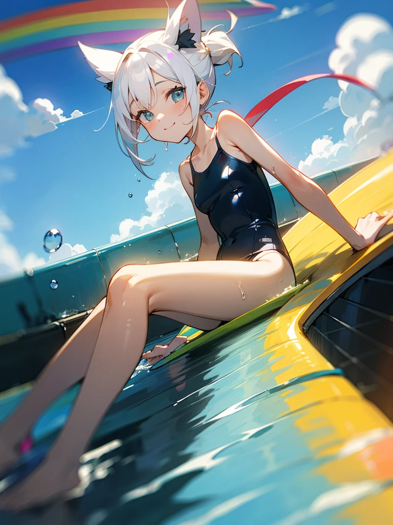 独奏,looking at viewer,white hair,topknot,White camisole swimsuit、smile、fun、rainbow, rainbow water slider, steep and long slope, sliding, sitting and sliding on the rainbow, floating hair, holding knee, playing slide,Sliding down the slide at tremendous speed, blue sky,motion blur, depth of field, line of effect,