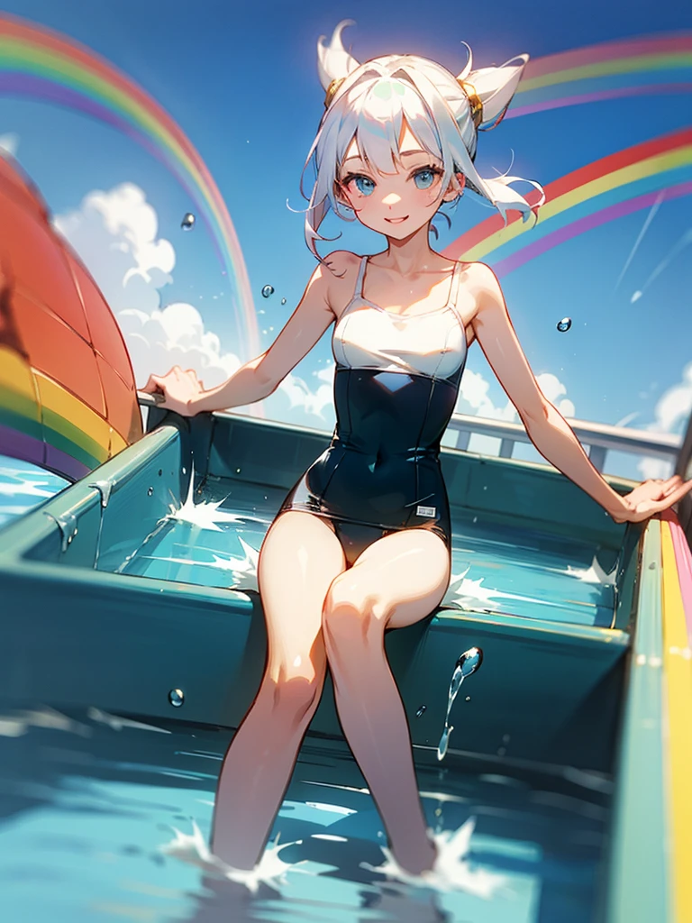 独奏,looking at viewer,white hair,topknot,White camisole swimsuit、smile、fun、rainbow, rainbow water slider, steep and long slope, sliding, sitting and sliding on the rainbow, floating hair, holding knee, playing slide,Sliding down the slide at tremendous speed, blue sky,motion blur, depth of field, line of effect,