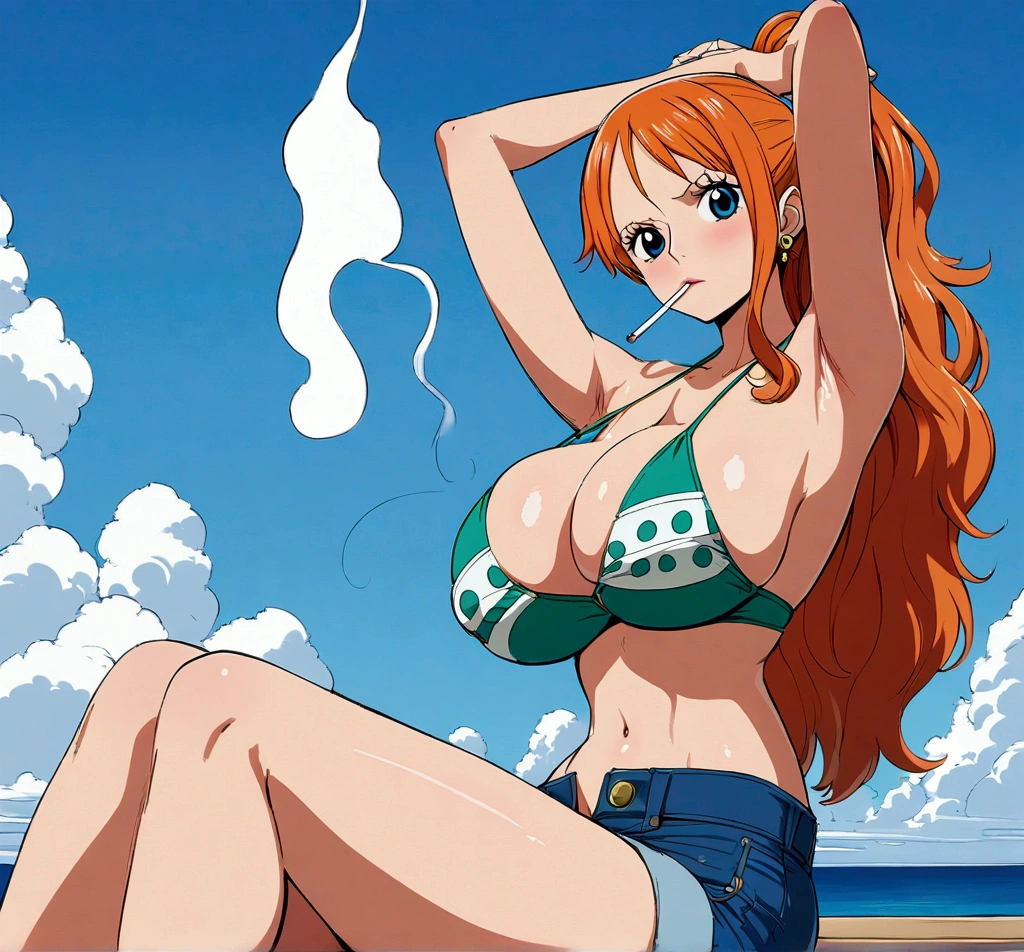 a cartoon picture of a woman in a bikini top and jeans, nami one piece, nami from one piece, nami, beautiful portrait of nami, from one piece, oppai, blue eyes, smoking, ponytail, nsfw