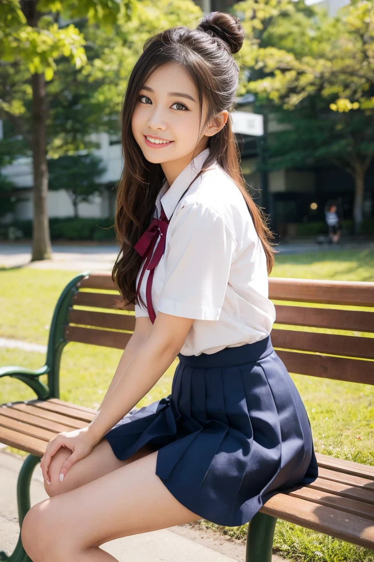 Spread your legs、Navy blue pleated skirt、Bun Hair、smile、White panties、Run-6500-v1.1, (RAW Photos:1.2), (Photorealistic), (Genuine:1.4), Elegant elite girl sitting with knees apart on a park bench, Japanese を着て,((Sit with your legs apart))、((not wear underwear))、 Japanese girl in uniform, Japanese , wear a principal&#39;uniform, Young and cute gravure idol, Photos taken in 2020, Dressed like a high school girl, wear , wear a strict business suit, Young and skinny gravure idol, seifuku　　　　　　　Run-6500-v1.1, (RAW Photos:1.2), (Photorealistic), Beautiful detailed girl, Sit on a bench with your knees apart、(Genuine: 1.4), Very detailed目と顔, ((Japanese school uniform:1.2))、((City of night:1.2)), Self snap, instagramart、game_Hmph, Large file size, High resolution, Very detailed, highest quality, [masterpiece:1.6], Awareness-raising, Very detailed, Hmph, finely, highest quality, 8k wallpaper, Cinema Lighting, 1 girl, , Perfect figure, Cute droopy eyes、Beautiful big eyes、Pick finger, ((Tabletop)), highest quality, 1 girl, eye shadow, Portraiture, ((Full Body Shot:1.4))、(A very affectionate smile:1.2)、Realistic skin texture、Shiny skin、Exposed thighs!!!、not wear underwear