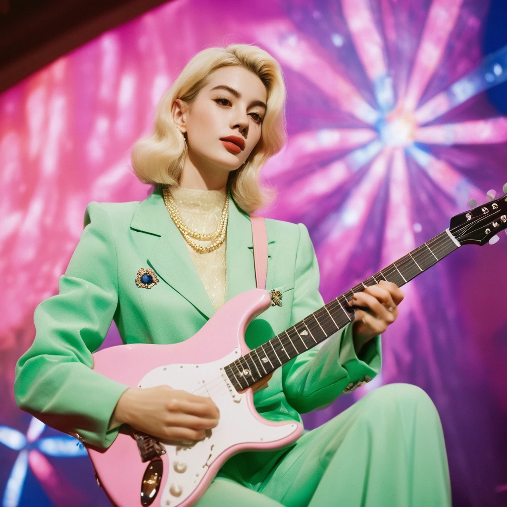 a candid photo portrait of an eccentric kawaii blonde barbie doll Korean queen, retro-futuristic, still from the film, ((solo)), (Anne Hathaway look alike face: 0.9), playing guitar on stage, looking at camera :: a pastel galaxy universum with stars and nebulas, pink futuristic haute couture , pastel green and pink colors, vintage, Leica SL3, Summicron-SL 75 f/2 ASPH, kodak gold 200 film, bare shoulder, dynamic action pose,
