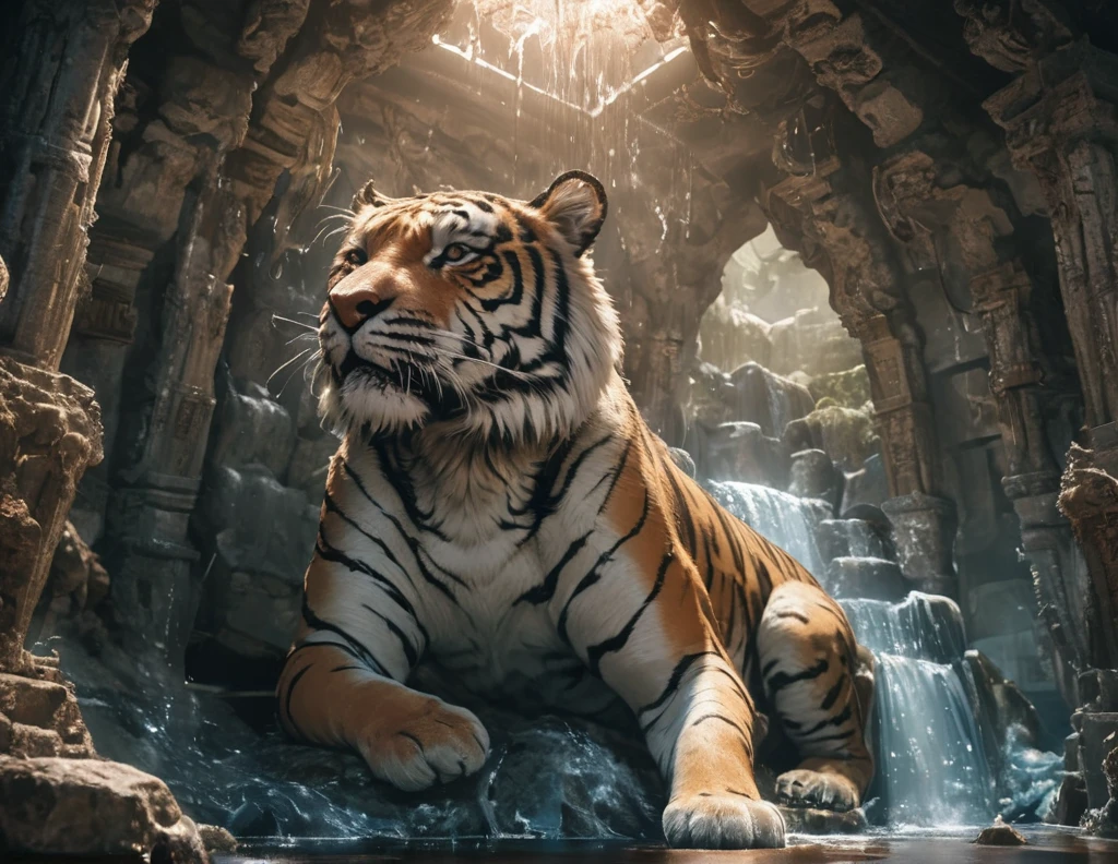 Grotto Room，（（（Full of crystals）））tiger，water flow，The light is very dark，magic（（（Horror atmosphere）））（（（masterpiece）））， （（best quality））， （（intricate details））， （（Surrealism））（8K）